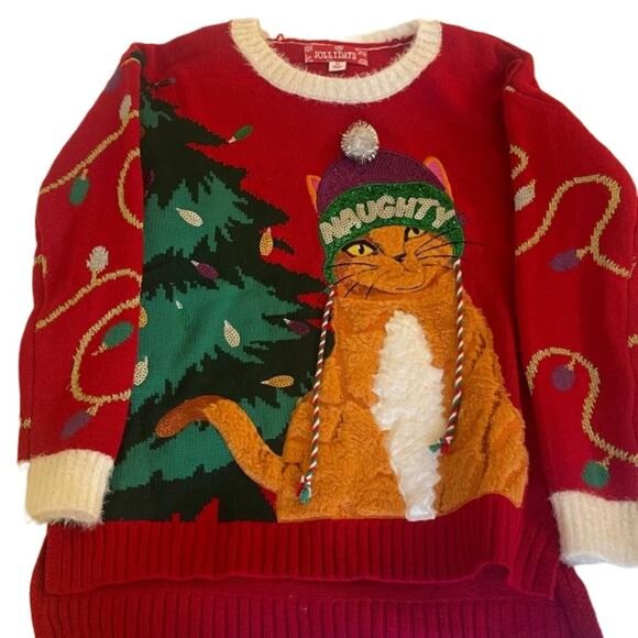 Jollidays Holiday Cat Naughty Christmas Tree Ugly Sweater Women's XS Red - Picture 6 of 8